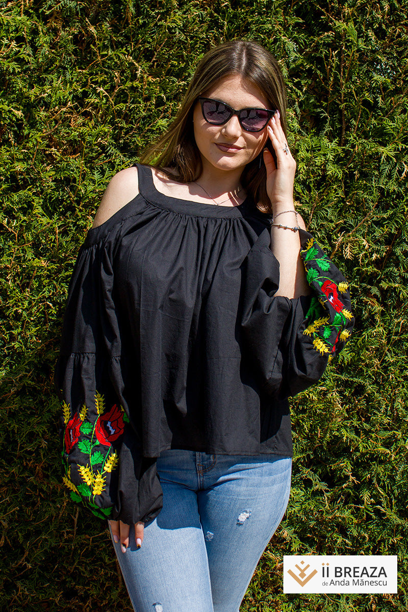 Bluză design unic, model brodat cu Maci, mâneci bufante Bluză design unic, model brodat cu Maci, mâneci bufante