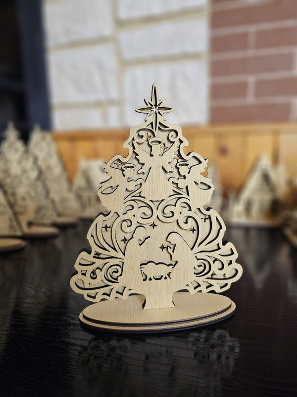 Decorațiune în spiritul Crăciunului, în formă de brad, din lemn, cu efect 3 D