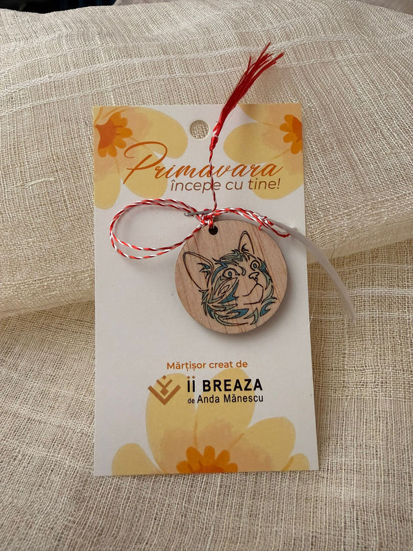 Mărțișor Pisică din lemn pictată manual