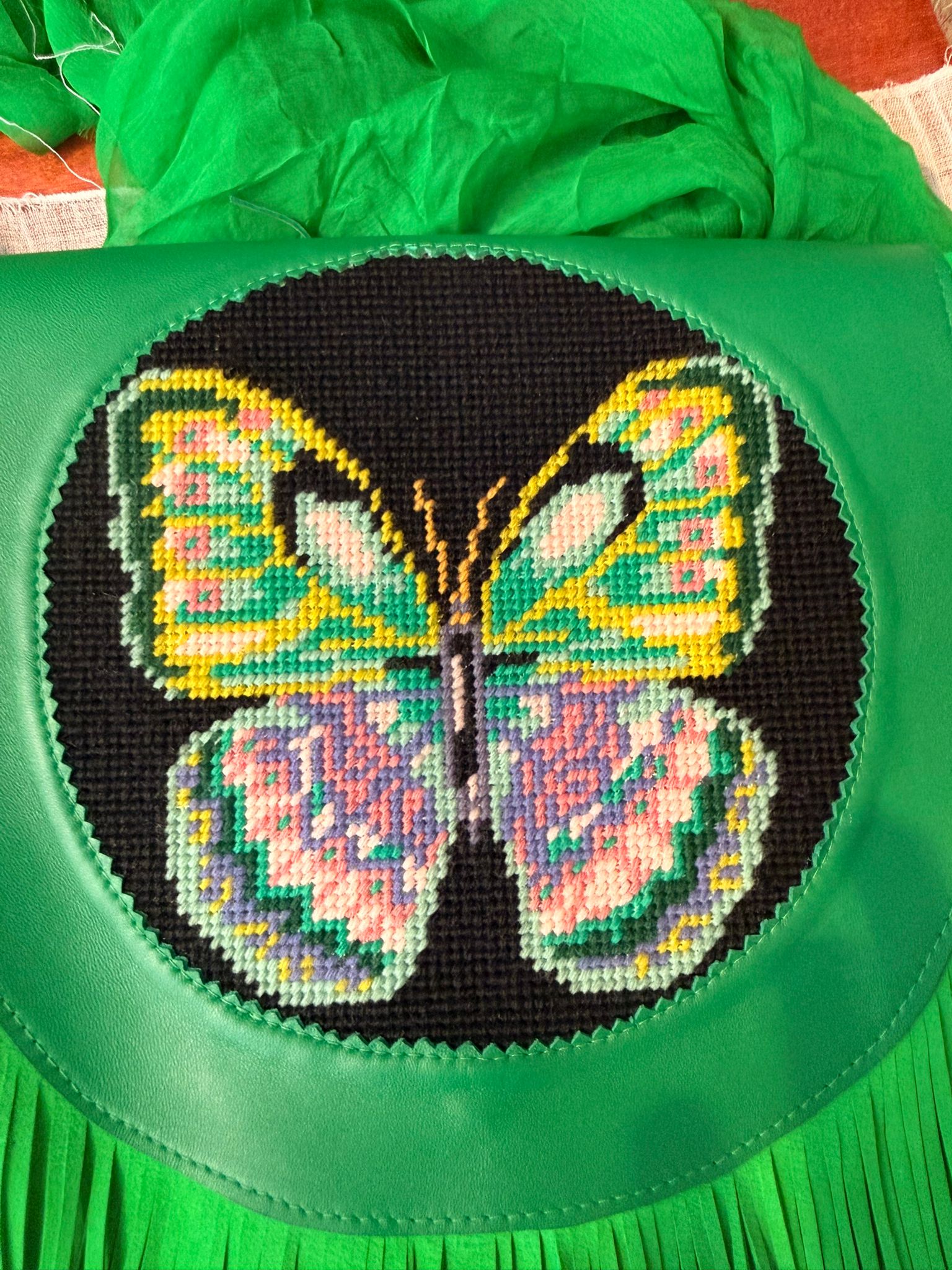 Geantă din piele verde, cu goblen - Fluture