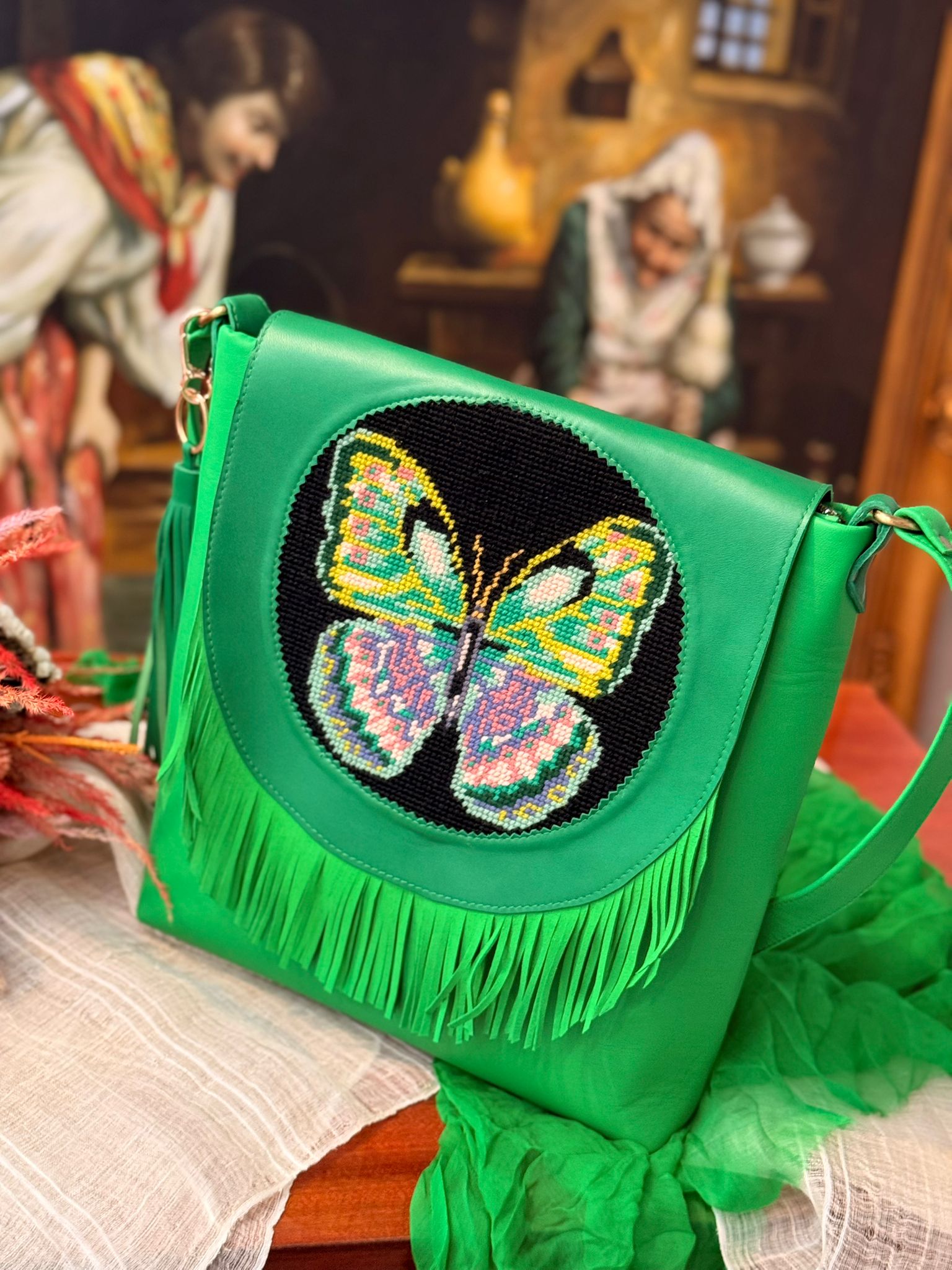 Geantă din piele verde, cu goblen - Fluture