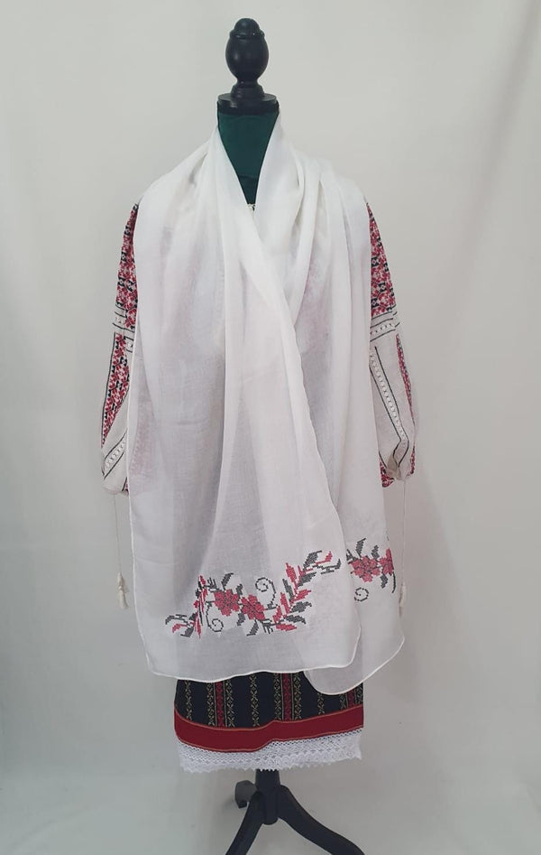 Eșarfă/ maramă, model tradițional floral roșu cu negru, 220x50 cm