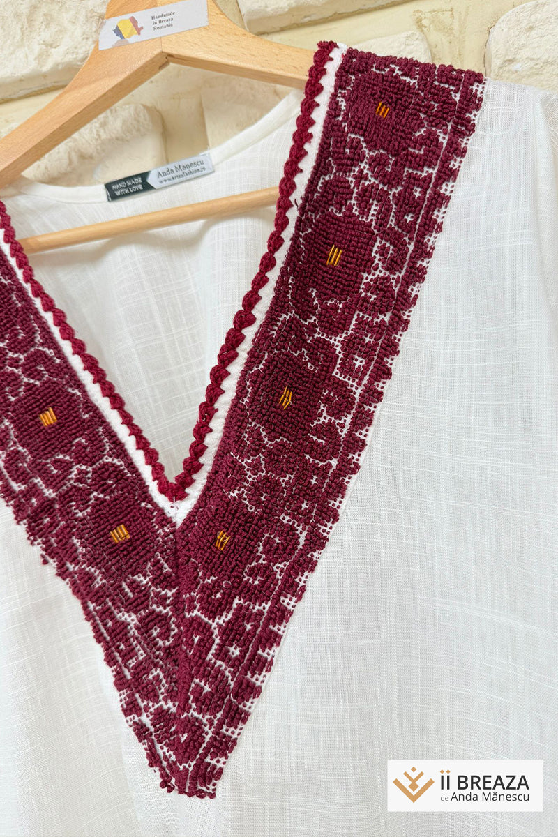 Bluză din in cu aplicații vintage și broderie manuală visinie