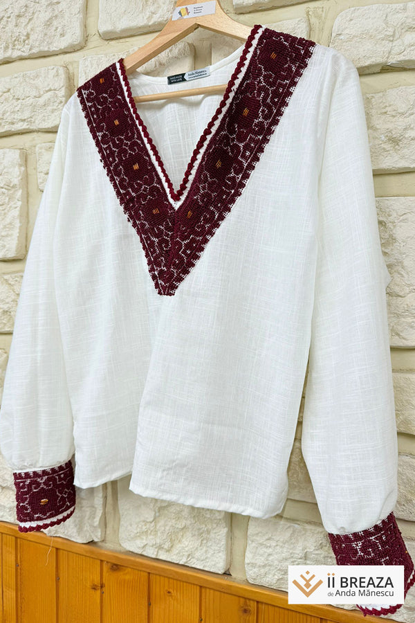 Bluză din in cu aplicații vintage și broderie manuală visinie