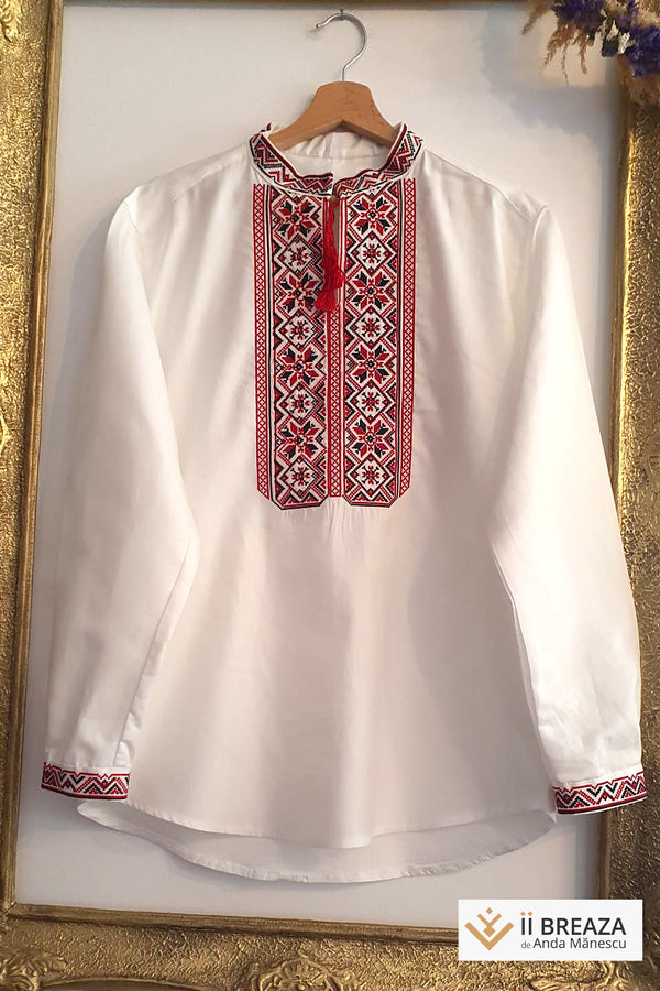Cămașă bărbătească tradițională – Eleganță autentică, cusută cu măiestrie, roșu și negru