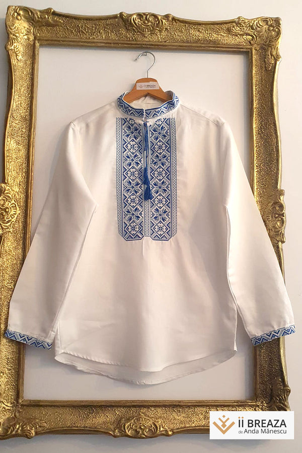 Cămașă bărbătească tradițională Daniel – Eleganță autentică, cusută cu măiestrie pe in alb