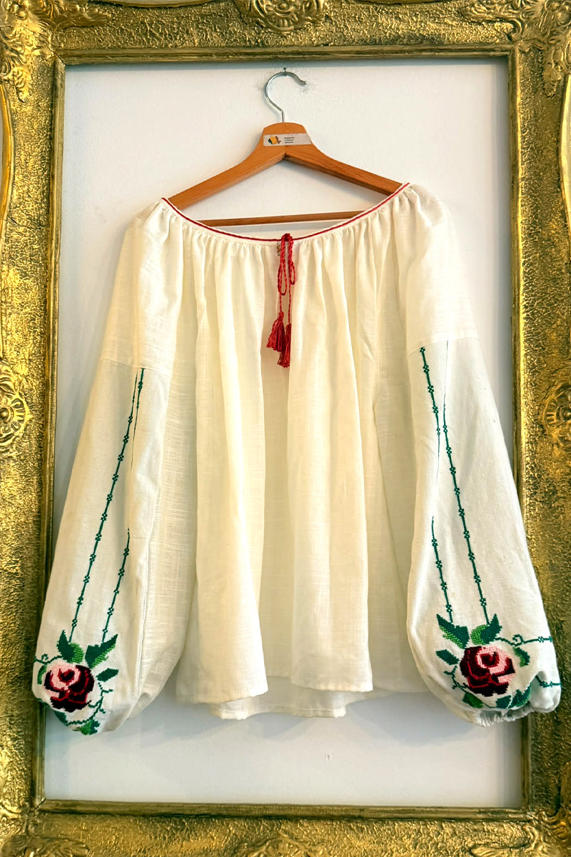 Bluză cu mâneci vintage, model Grădina de Trandafiri