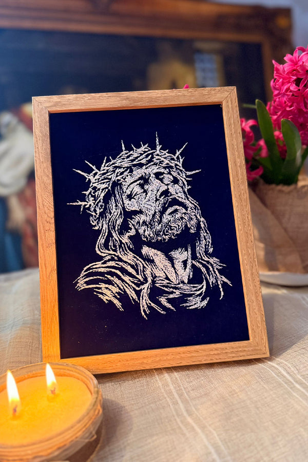 Tablou brodat cu chipul lui Isus, argintiu