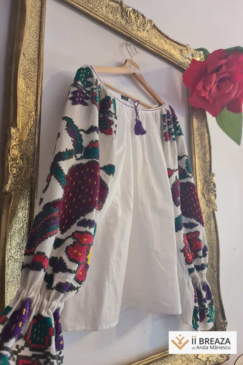 Bluză tip ie cu mâneci vintage - Păsări și flori