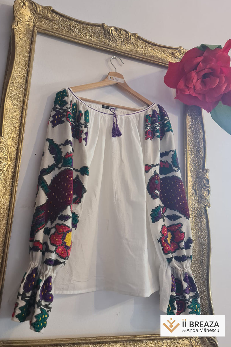 Bluză tip ie cu mâneci vintage - Păsări și flori