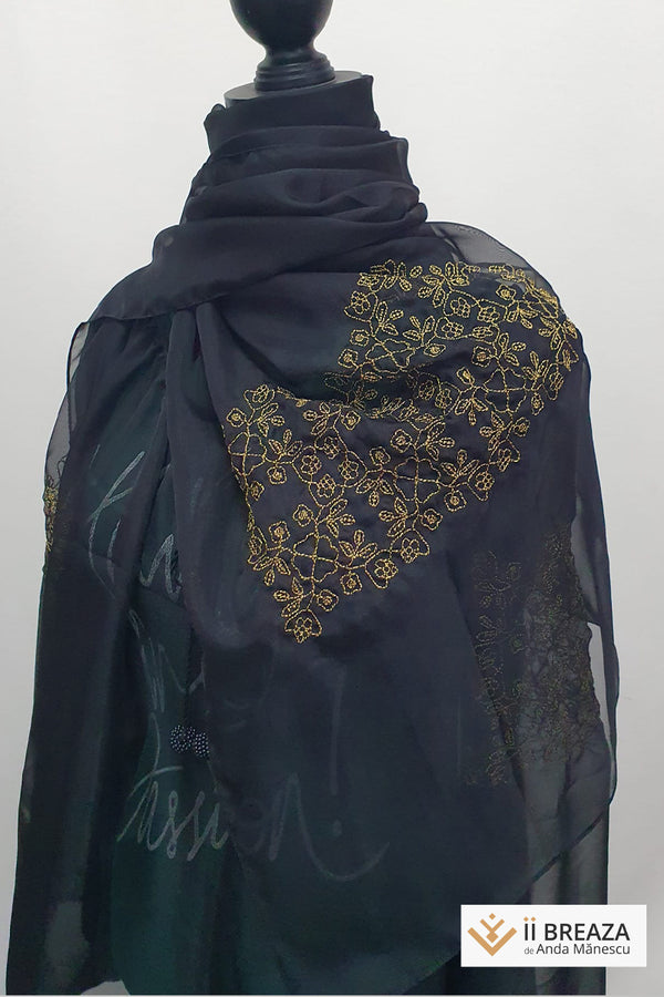 Maramă/ eșarfă brodată cu modelul Multicolorul, pe mătase naturală, 200 x 40 cm