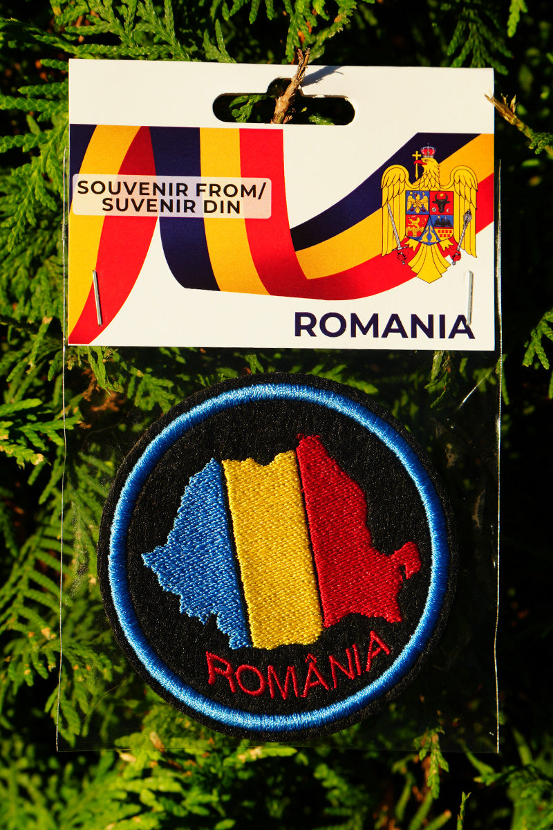 Emblemă / Patch brodată, cu folie adezivă – Harta României în cerc