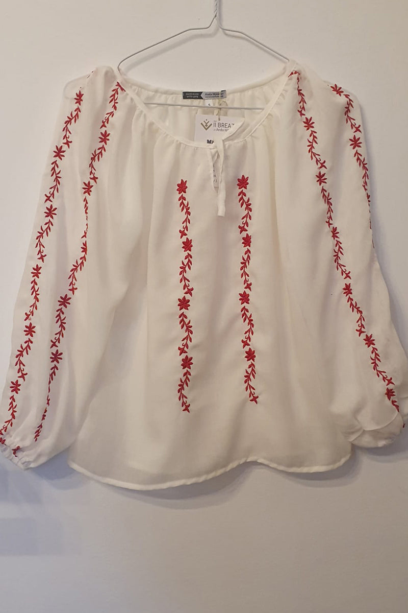 Bluză gen ie, de inspirație tradițională, brodată cu modelul Șirul vieții, mărimi 2-13 ani