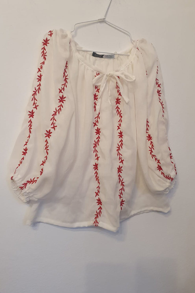 Bluză gen ie, de inspirație tradițională, brodată cu modelul Șirul vieții, mărimi 2-13 ani