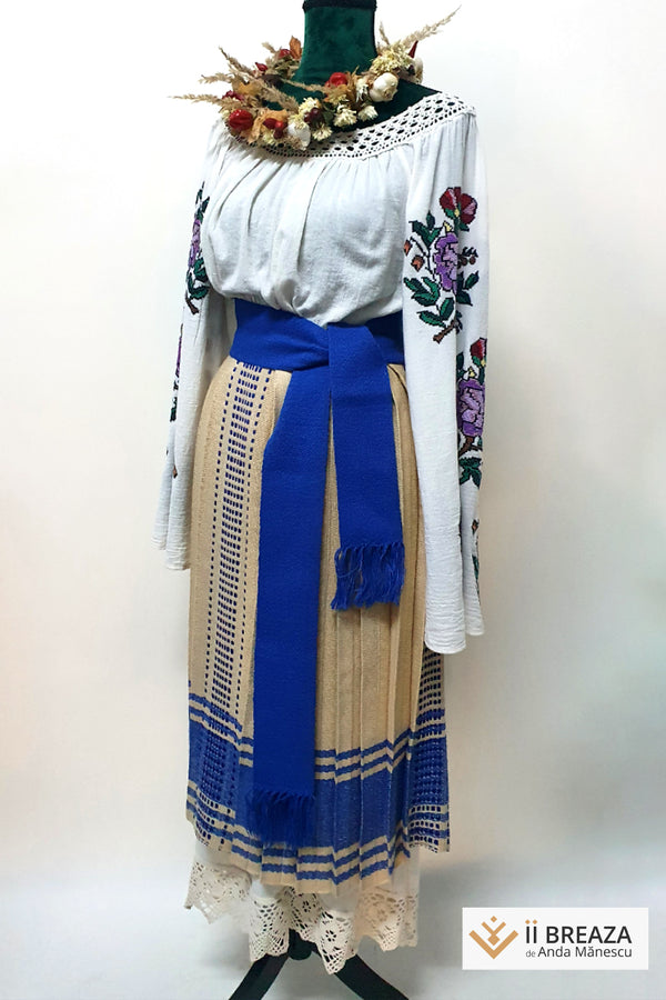 Fotă de Prahova plisată, albastru cu crem